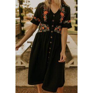 Roolee Ithaca embroidered midi shirt dress black nursing friendly cotton